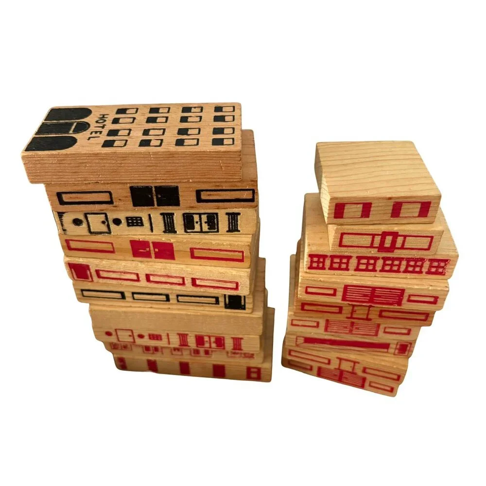 Vintage • 1970's Playskool: Village Wooden Blocks & Street Layout‎ In Container